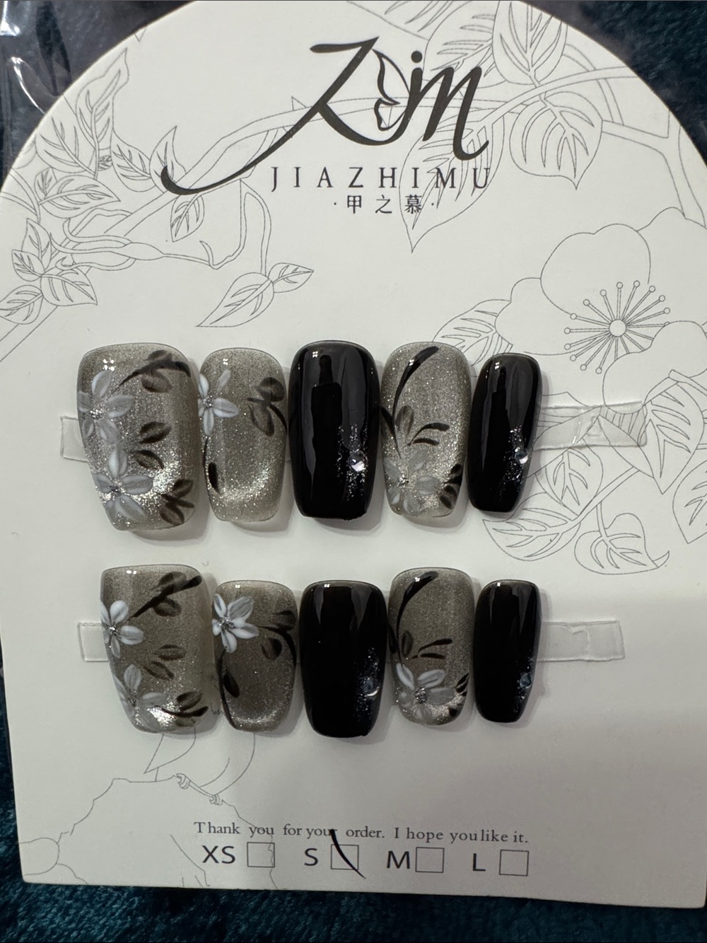 Black and Silver Floral Nails